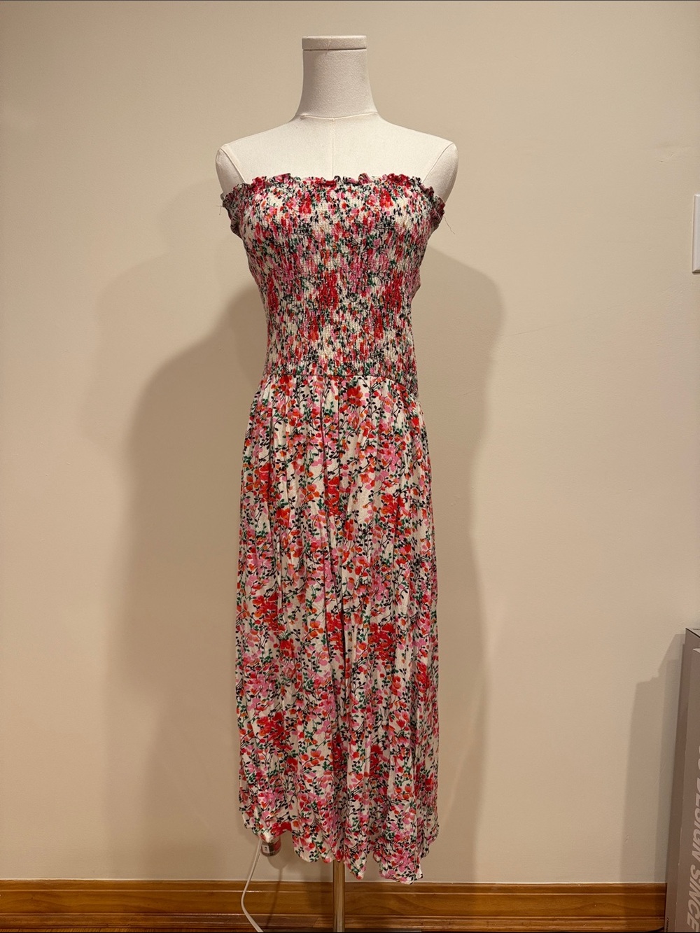 Lulu's Strapless Floral Smocked Midi Dress - Pink & Red